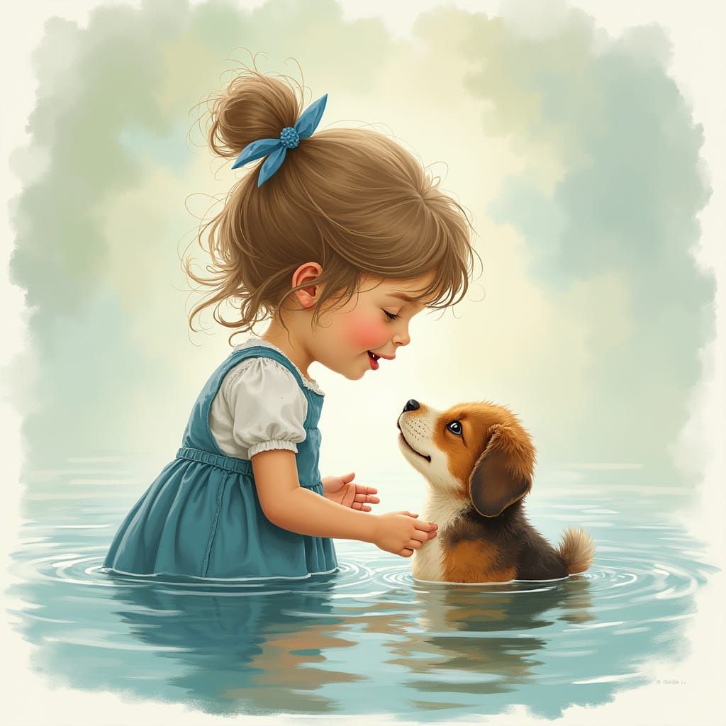 Girl and German Shepherd Play in Water, Illustration