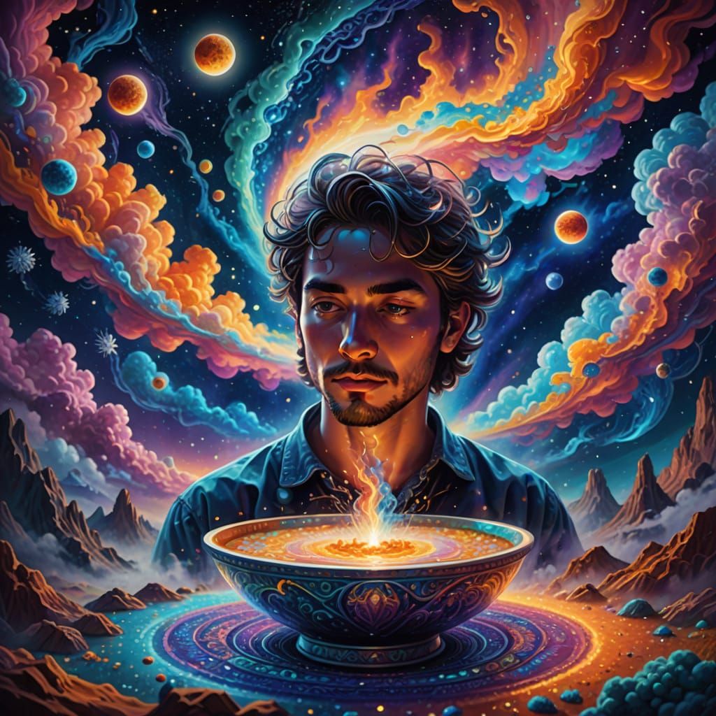 Vibrant Cosmic Porridge in Ethereal Oil Painting