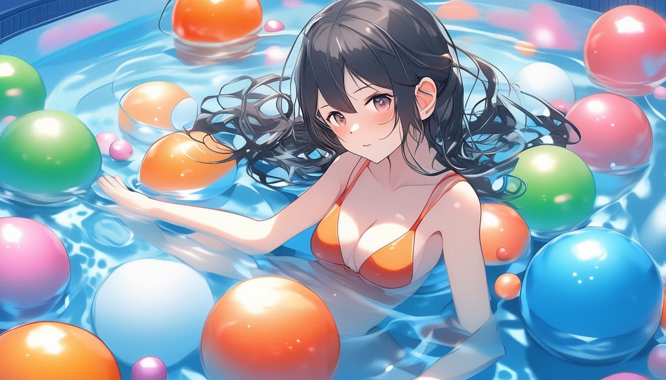 Girl on Yoga Ball in Pool, Anime Style
