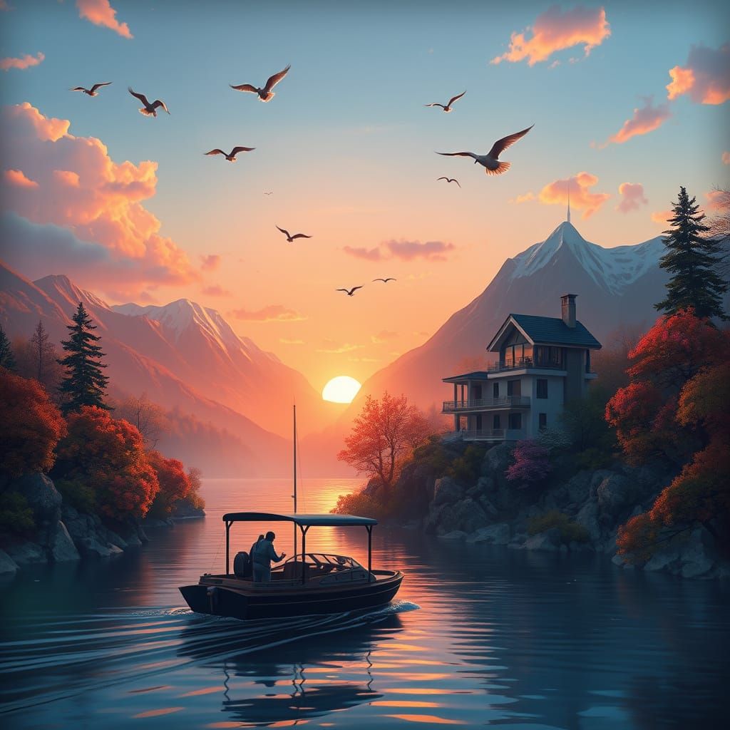 Dreamlike Autumn Sunset Landscape with Villa