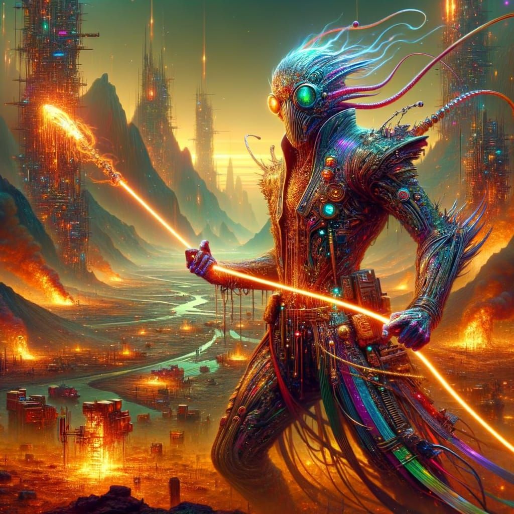 Cyberpunk Space Traveler Dominates Exploding Minefield