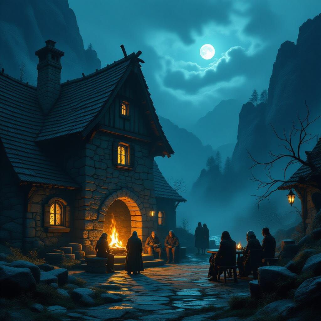 Weathered Tavern in Twilight Valley with Bioluminescent Flor...