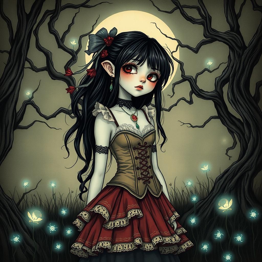 Emo Girl in Moonlit Forest, Hand-Drawn Art Brut