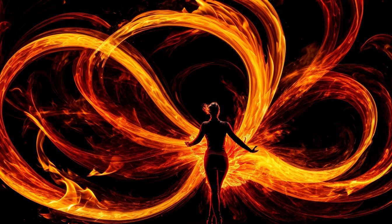 Abstract Dancing Figure Formed from Swirling Flames