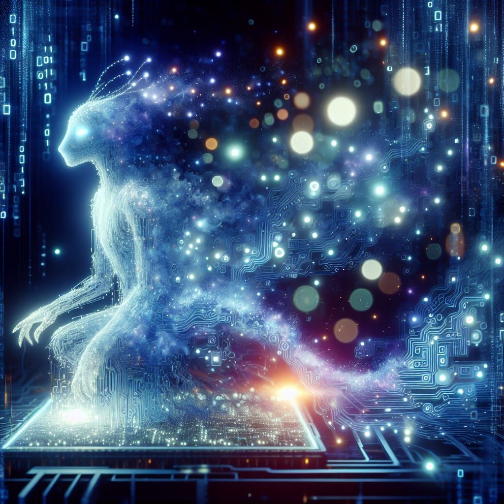 Bioluminescent Cybernetic Creature in Glitchcore Digital Wor...