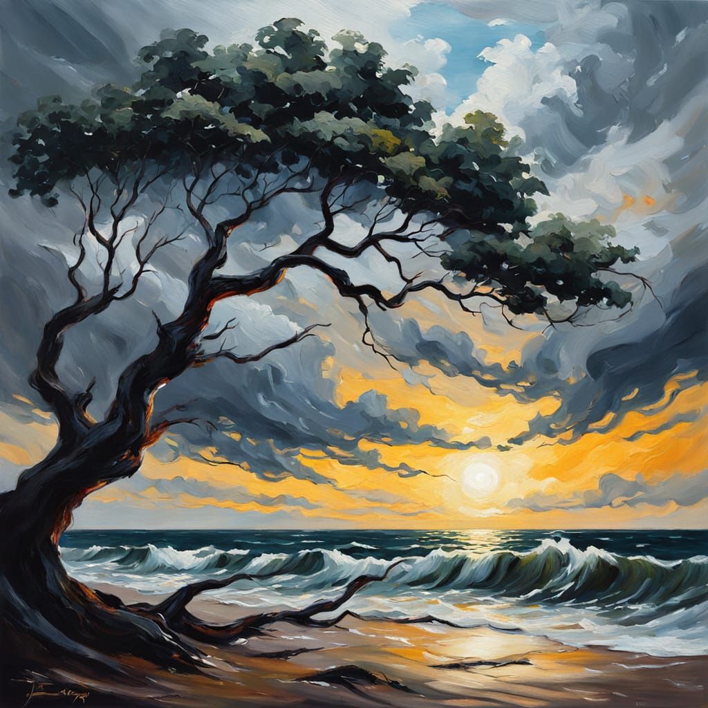 Dramatic Tree Silhouettes Over Churning Sea, Gurney Style