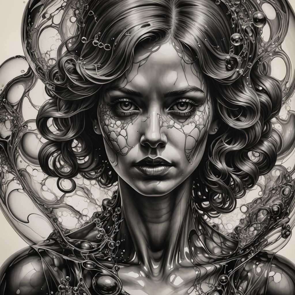 Molten Bubble Glass Bust: Hyperdetailed Charcoal Drawing
