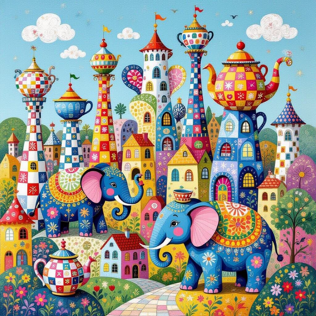 Whimsical Elephant Teapot City in Hundertwasser Style