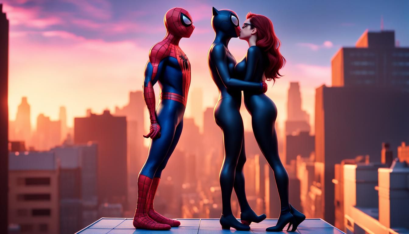 Spider-Man and Catwoman Kiss on Rooftop as 3D Art