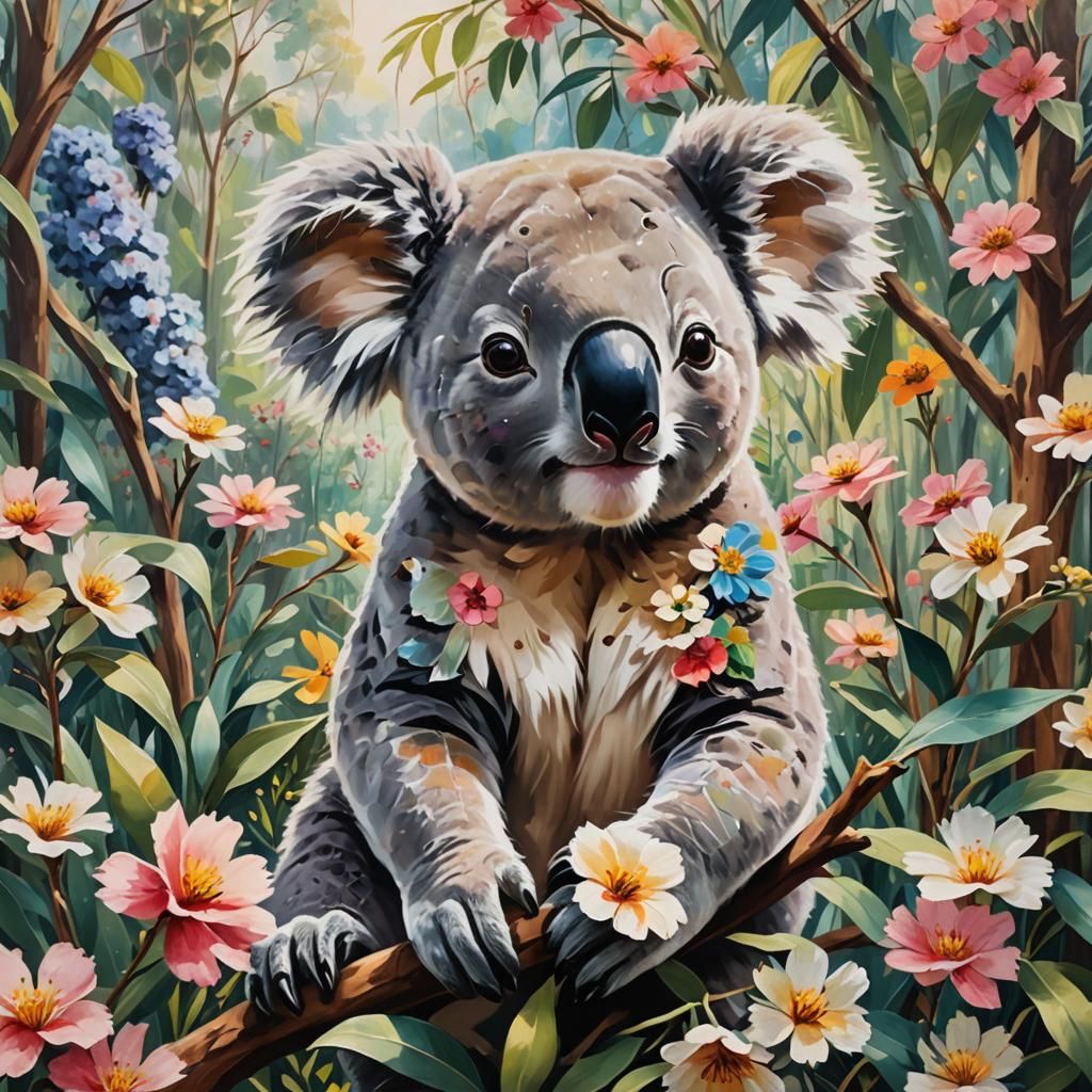 Koala Oil Painting in Flower Garden, Anime Style