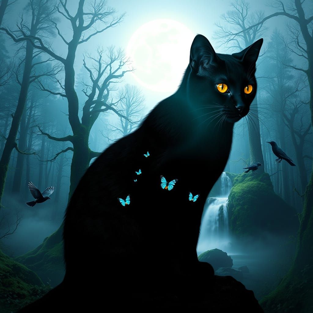 Enchanted Black Cat in Vibrant Forest Landscape