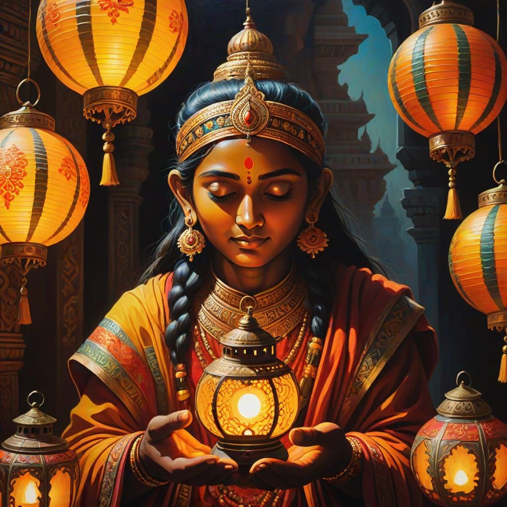 Surreal Hindu Deity in Dreamlike Temple Setting