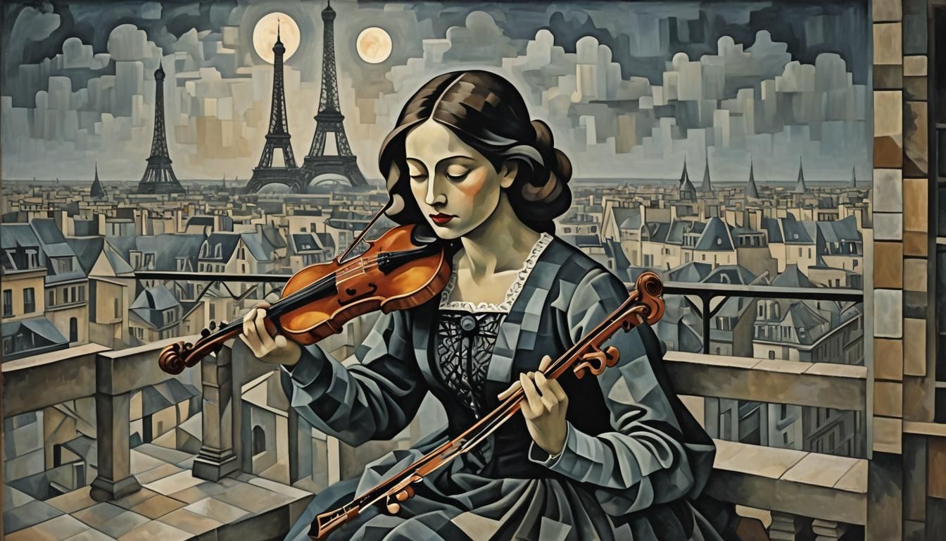 Cubist Violinist Plays on Parisian Terrace