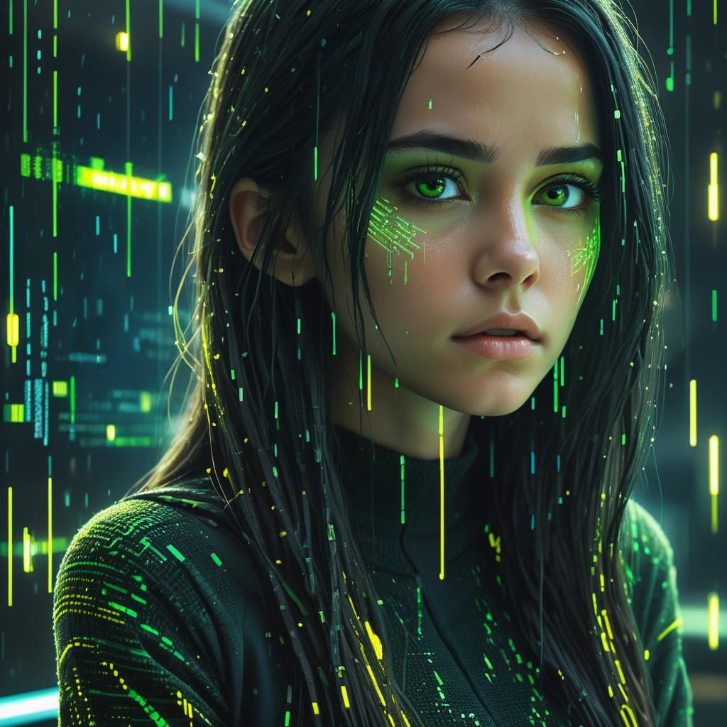 Female Hacker in Futuristic Office, Digital Art