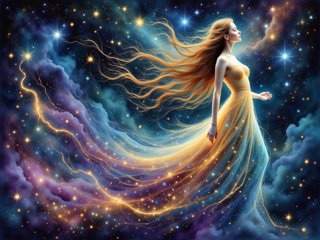 Ethereal Stardust Woman Emerges from Galaxy