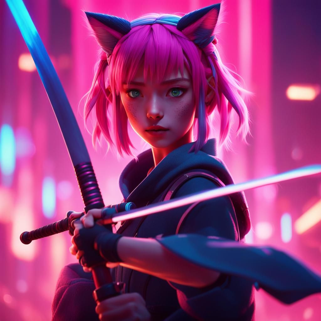 Pink-Haired Cat Warrior with Katana in Shinkai Style