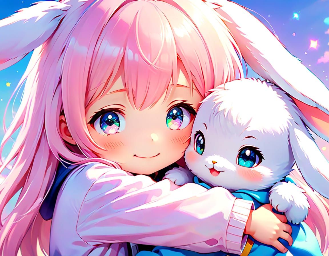 Endearing Anime Child and Rabbit Hug in Pastel Colors