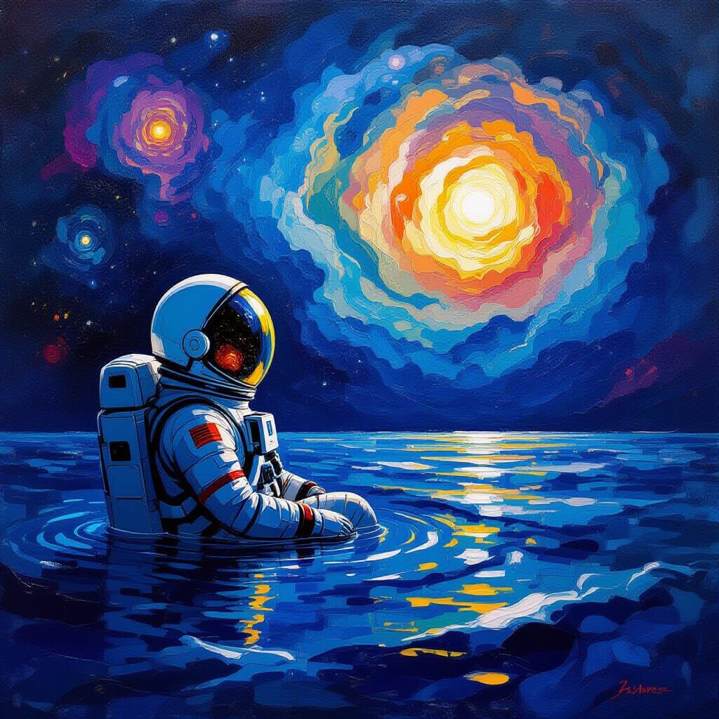 Astronaut Adrift in Cosmic Ocean, Starry Night Style