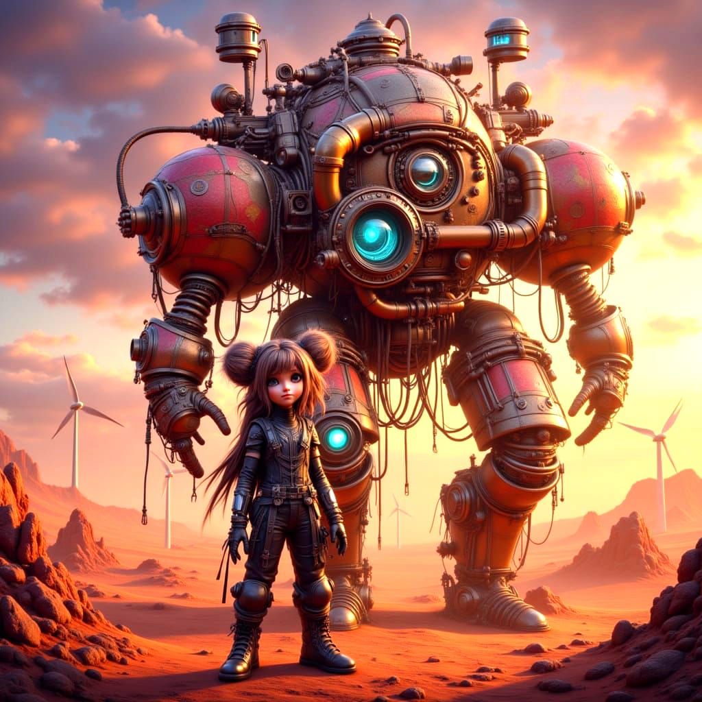 Whimsical Futuristic Landscape with Young Pilot and Mechanic...