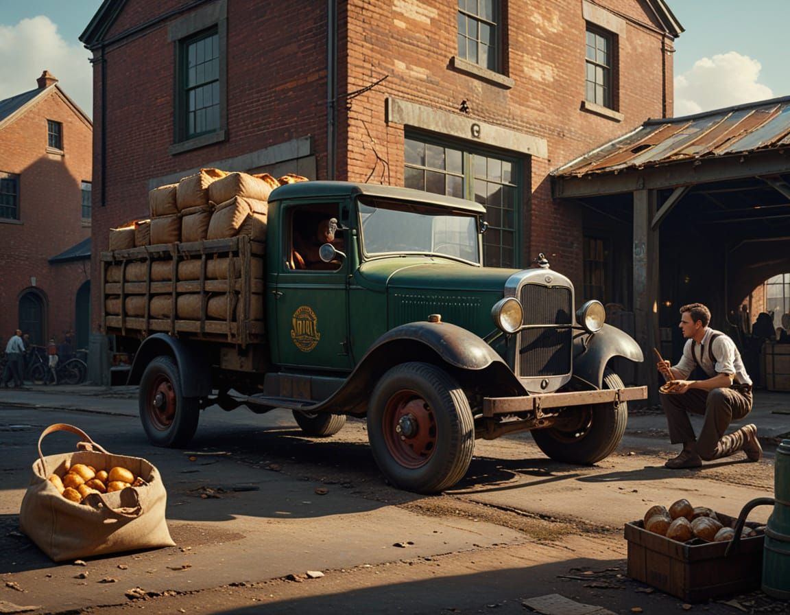Hyper-detailed oil painting look, 1920s industrial working-class loading scene. A small rusty green pickup truck parked ...