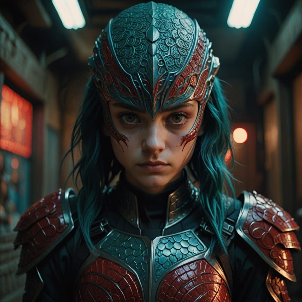 Alien Thief Portrait with Teal Hair and Red Eyes