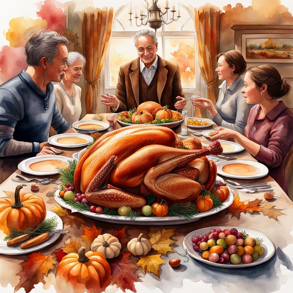 Heartwarming Watercolor Thanksgiving Dinner Scene