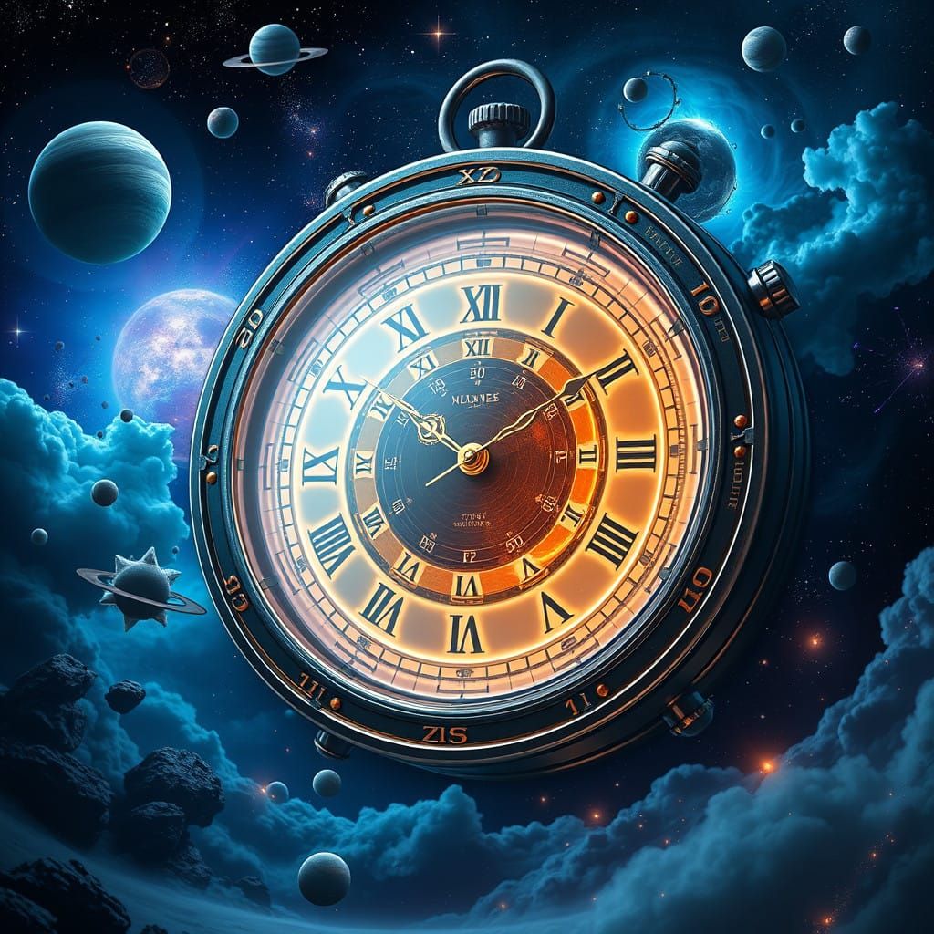 Cosmic Vortex Space Clock in Dreamy Digital Art Style
