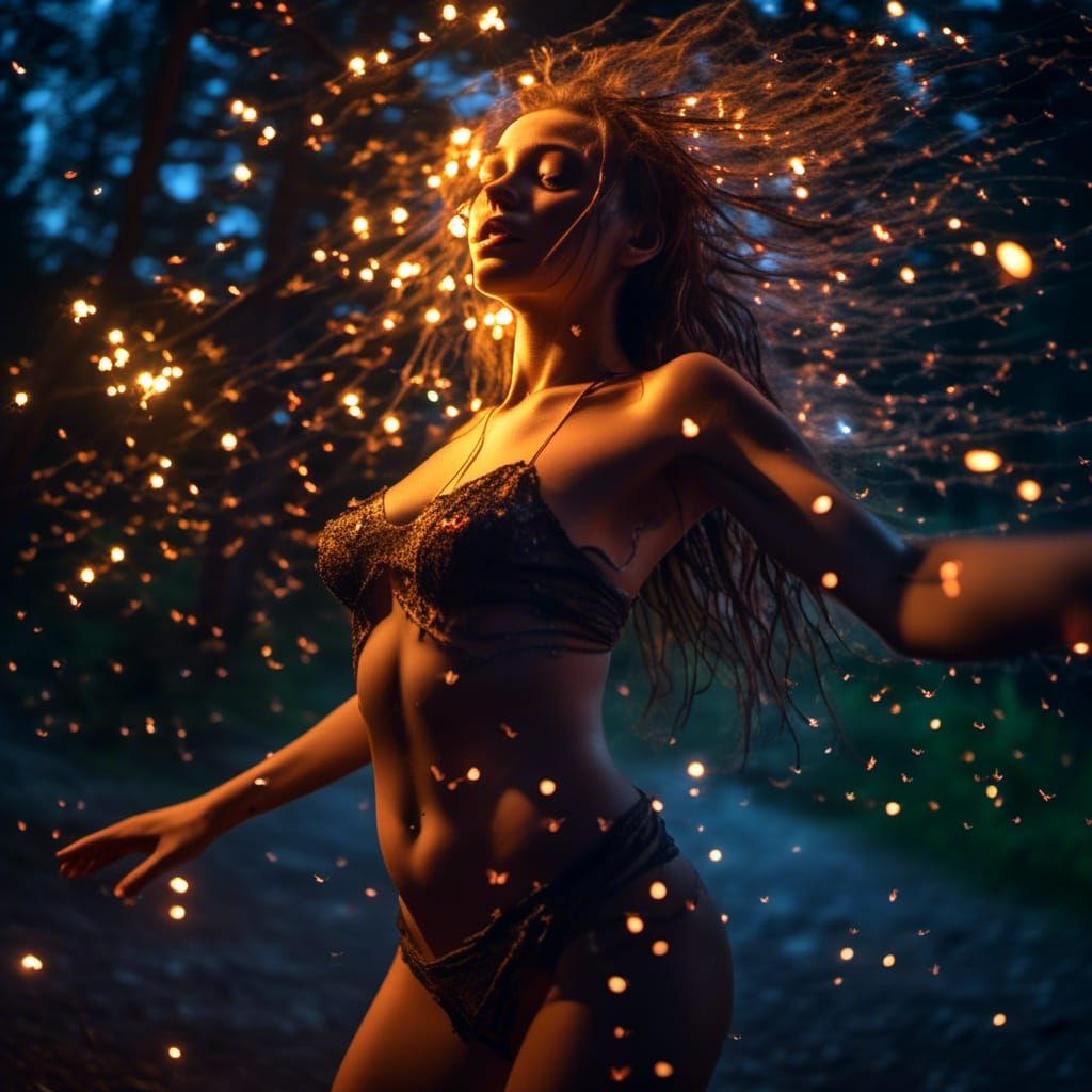 Sensual Woman Dancing with Fireflies in the Night