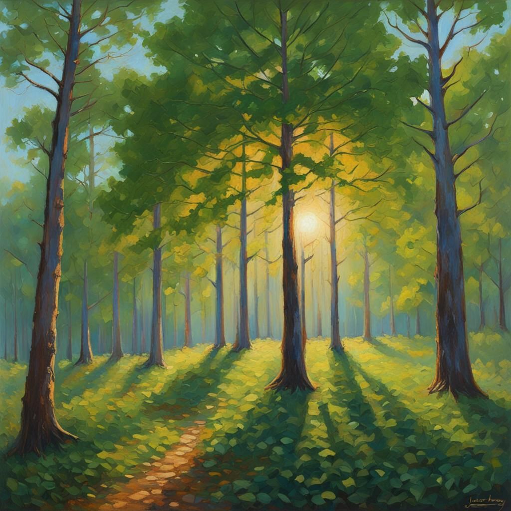 Lush Forest: Sunlight Through Towering Trees as Oil Painting