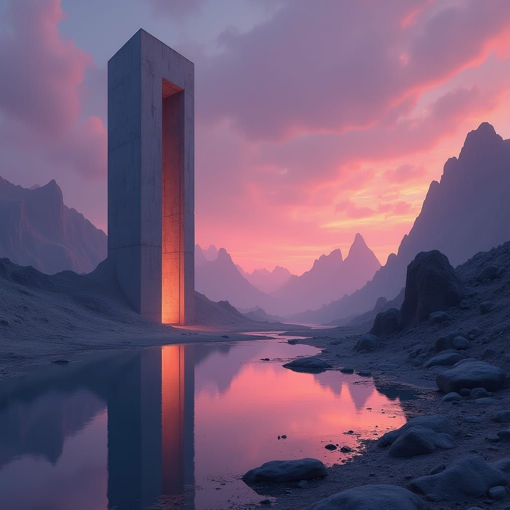 Otherworldly Landscape with Brutalist Portal by Calm Lake