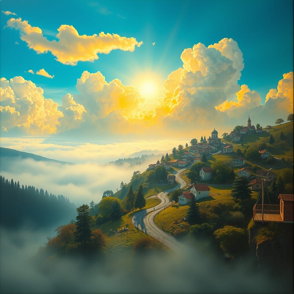 Surreal Village Landscape Oil Painting