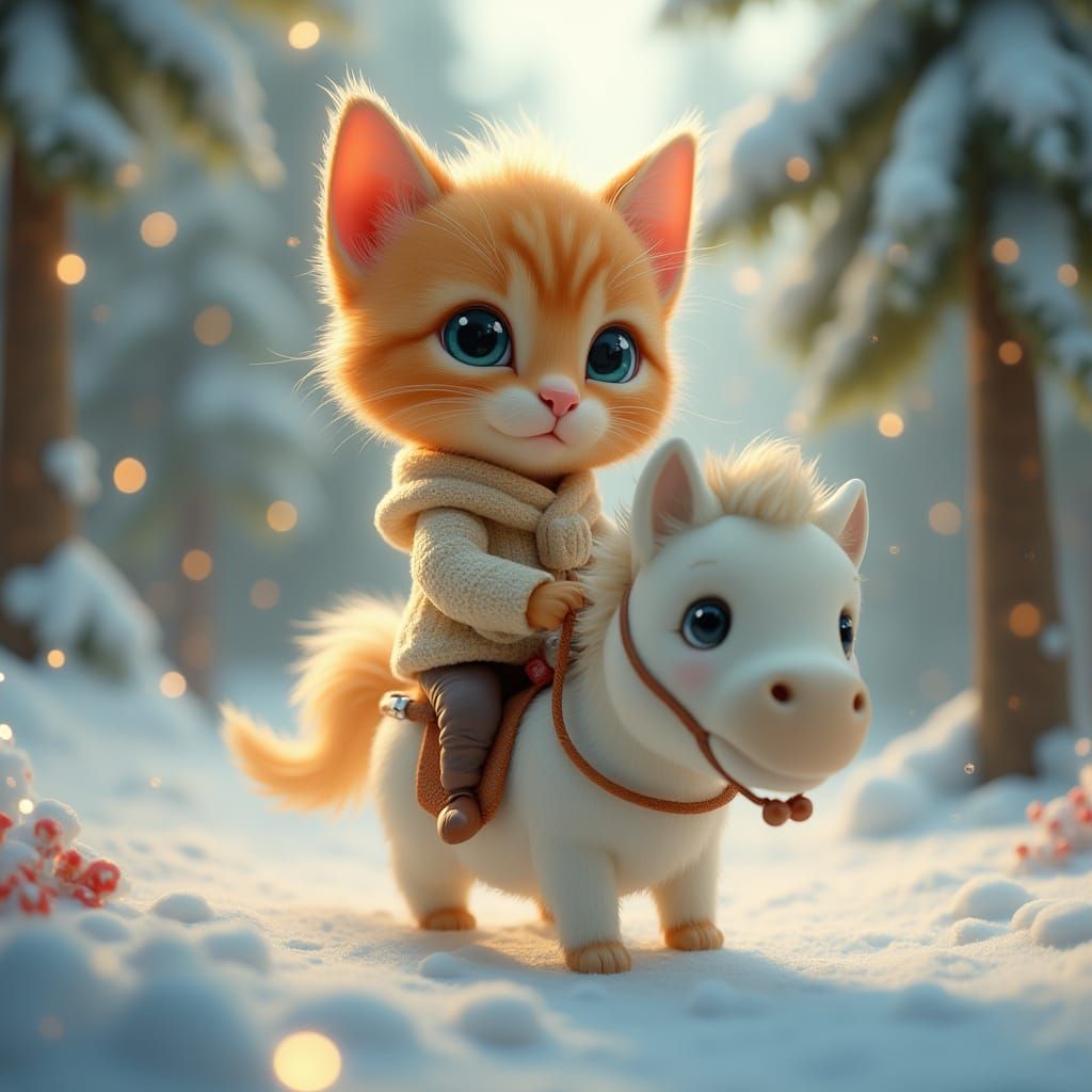 Orange Kitten Rides Horse in Enchanted Winter Forest