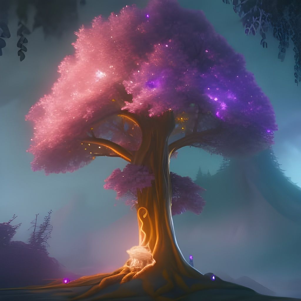 Magical Tree Surrounded by Glowing Crystals