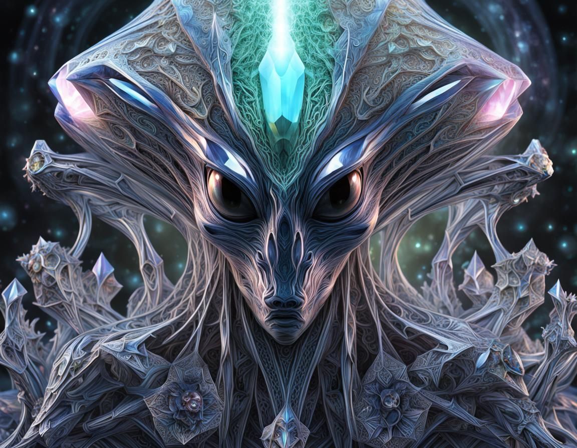 Crystal alien being multifaceted. Detailed intricate liquid ...