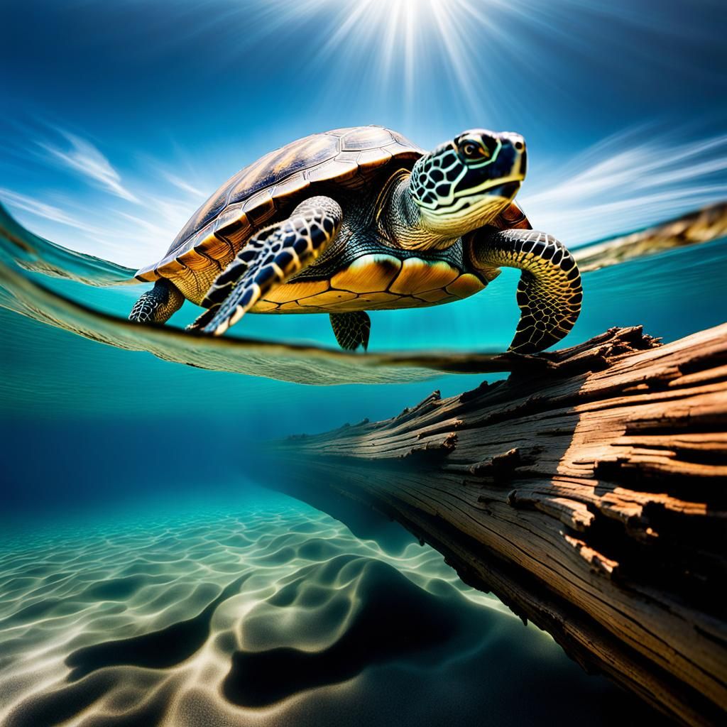 Surreal Underwater View of Turtle in Dry Air