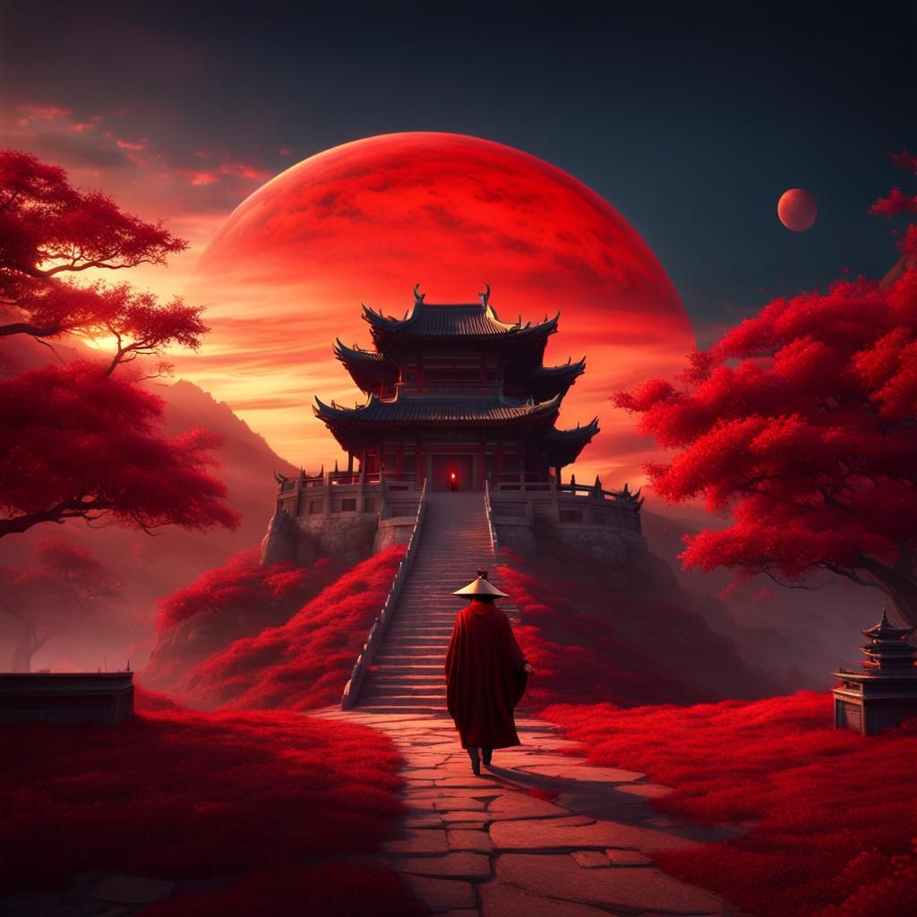 Mystical Red Tree at Dark Chinese Temple