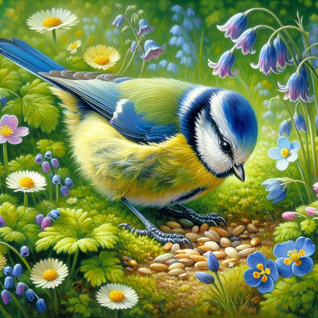 Painterly Oil Portrait of a Blue Tit in a Vibrant English Ga...