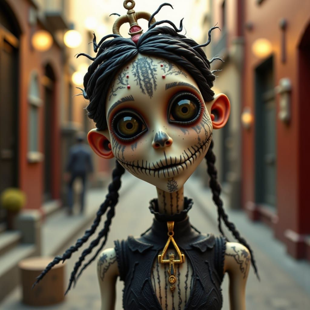 Claymation Skeleton Girl in Mexico City, Tim Burton Style