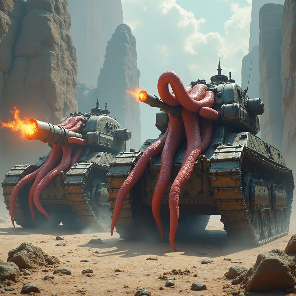 Biomechanical Tanks Unleash Tentacles in Fantasy Landscape