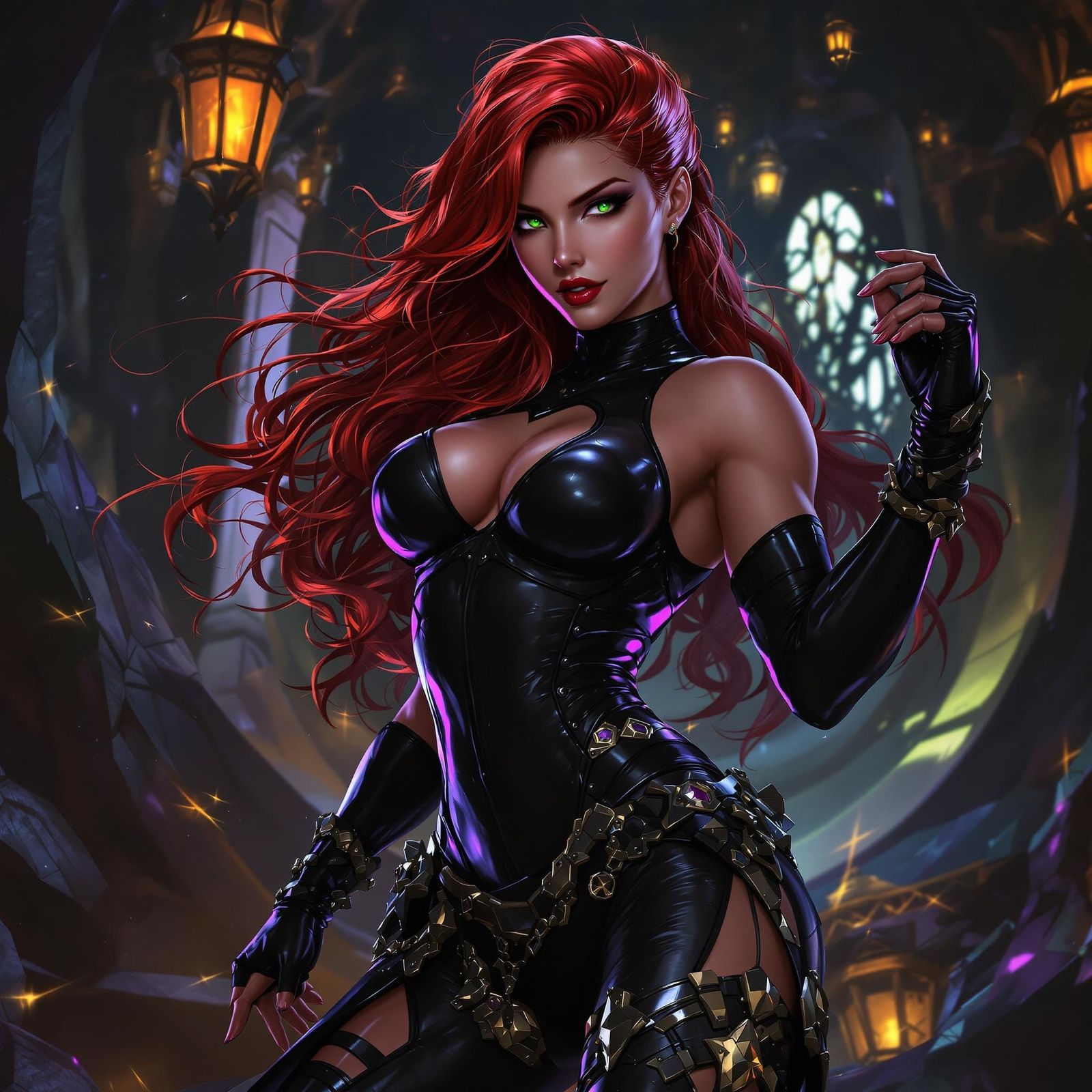 Heroic Redhead in Latex Bodysuit, Dark Fantasy Art