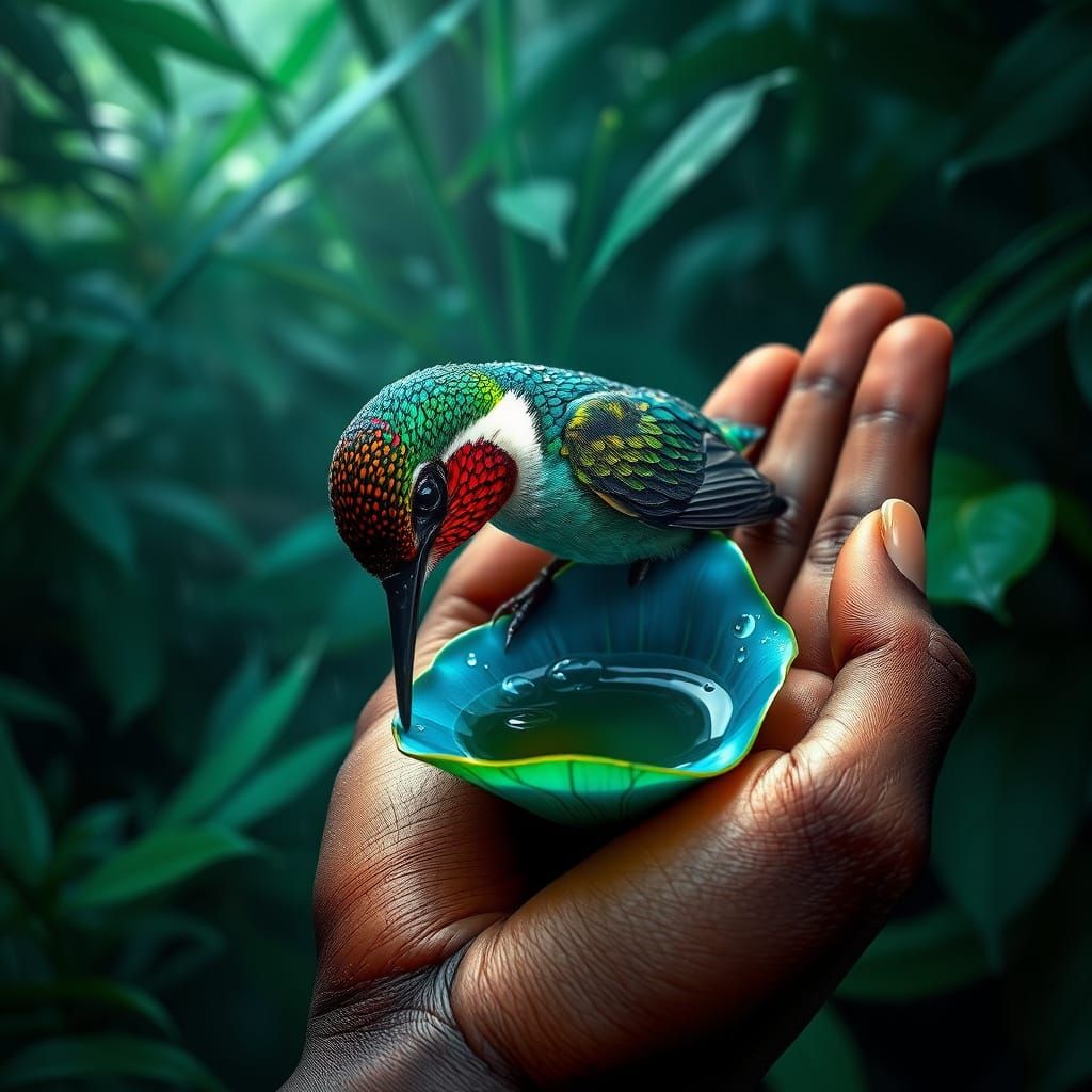 Dark Skinned Hand Cradles Vibrant Hummingbird in Tropical Fo...