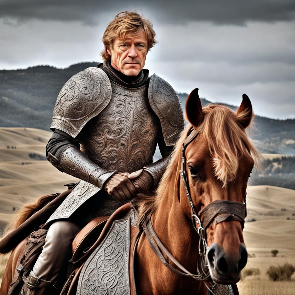 Medieval Knight as Robert Redford on Armored Mustang