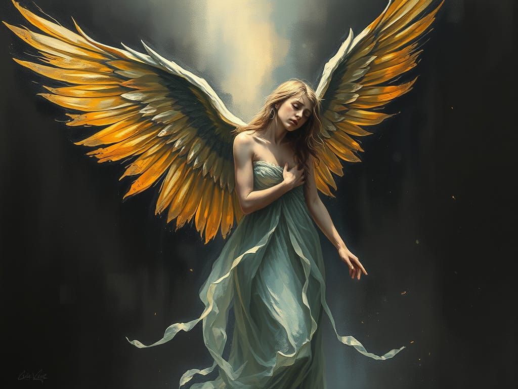 Fallen Angel with Golden Wings in Expressive Style