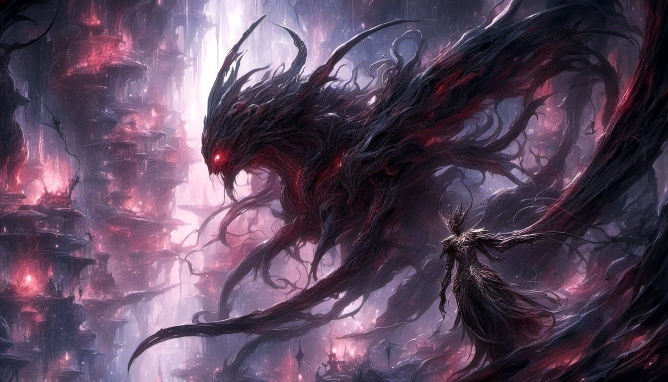 Black and Red Alien in Abyssal Cavern