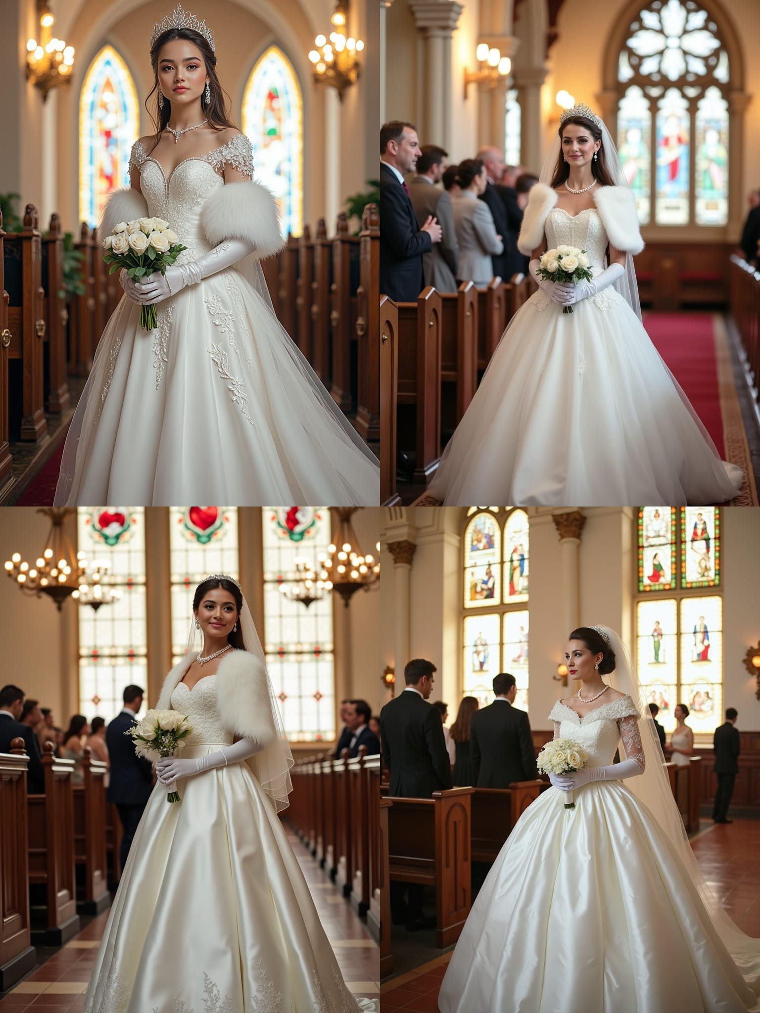 Elegant Bride in White Satin Gown with Pearl Accessories