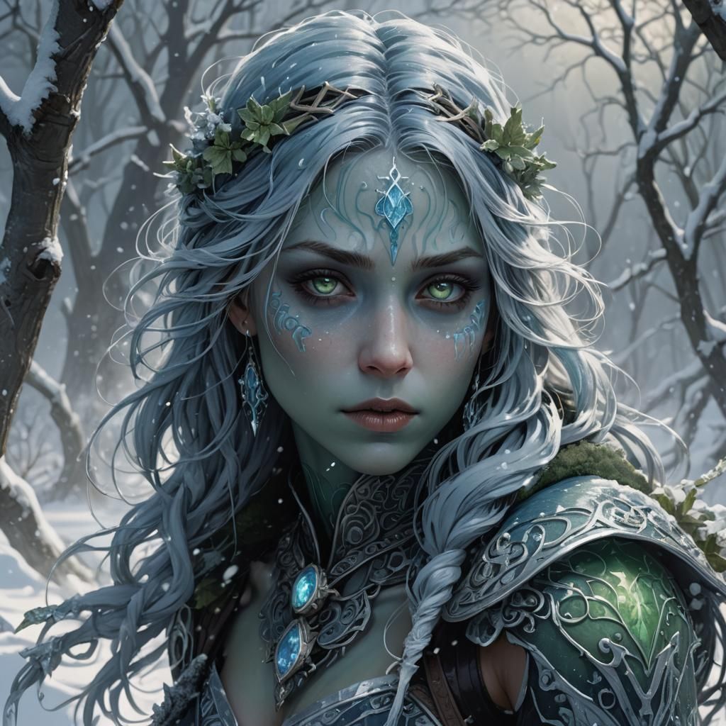 Icy Vastaya in Snowy Landscape, Fantasy Art