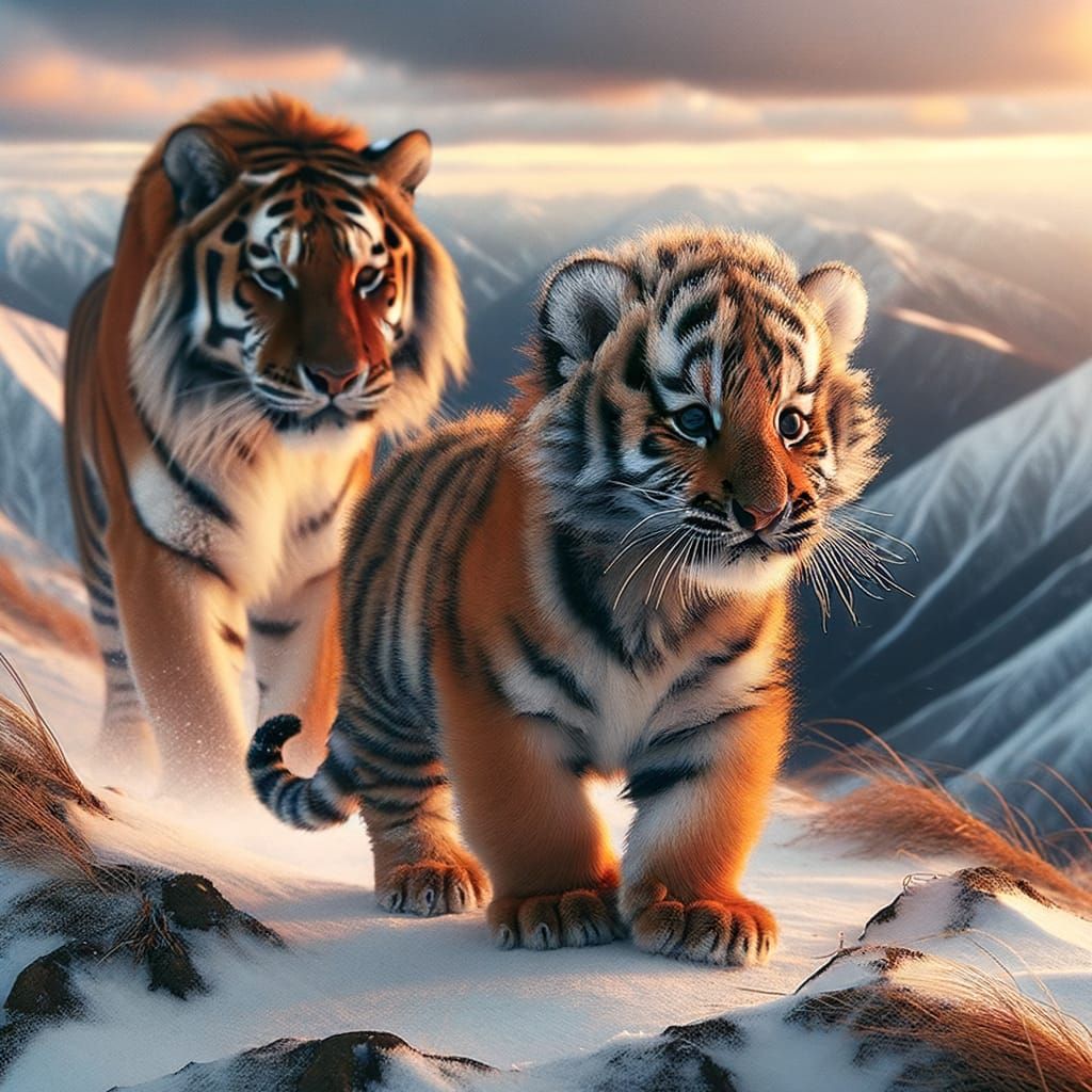Tiger Cub and Mother on Snowy Mountain Peak