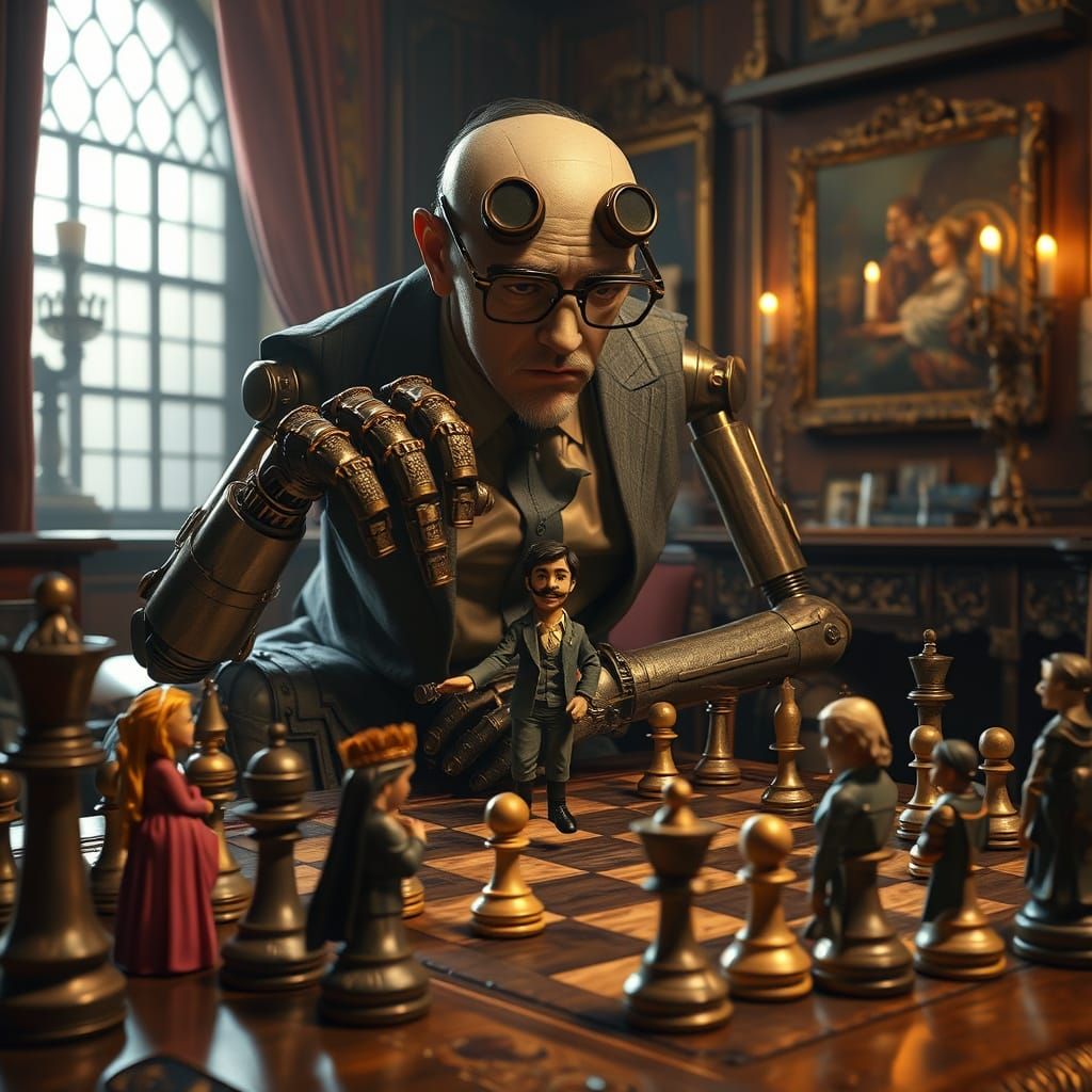 Surreal Study of Chessboard Humans in Industrial Futurism