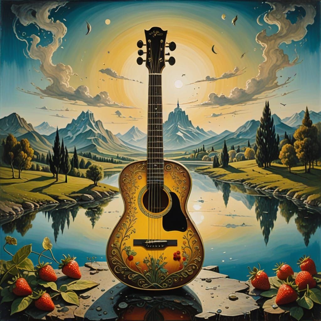 Whimsical Khokhloma Guitar in Dreamy Summer Landscape