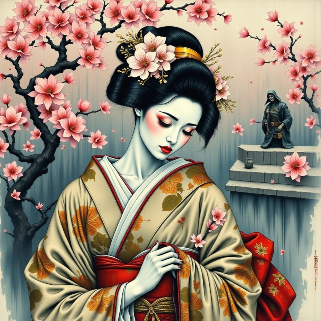 Mourning Geisha with Samurai in Japanese Garden